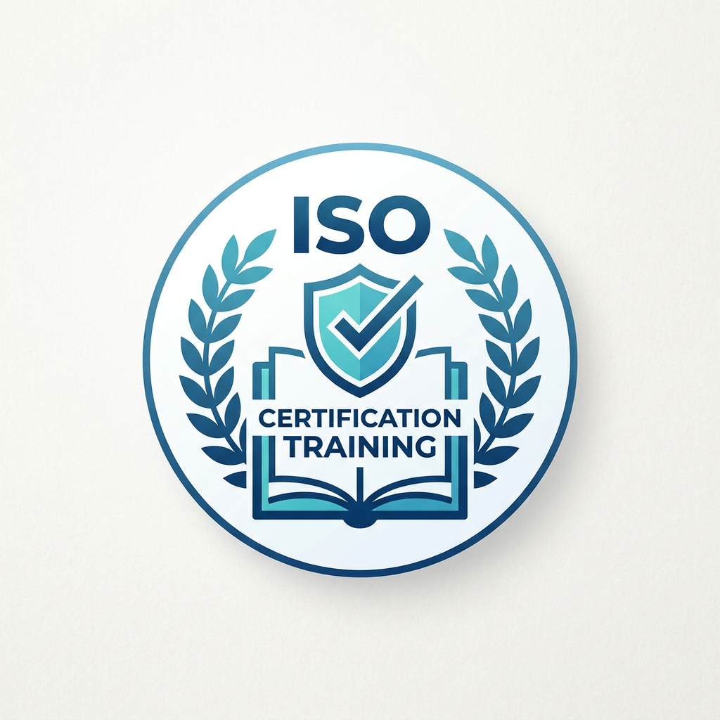 ISO certification training badge with shield, checkmark, book, and laurel wreath